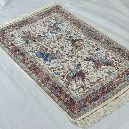 Persian Silk Hunting Scene Rug 2.5 ft x 4 ft | Pure Silk Abresham