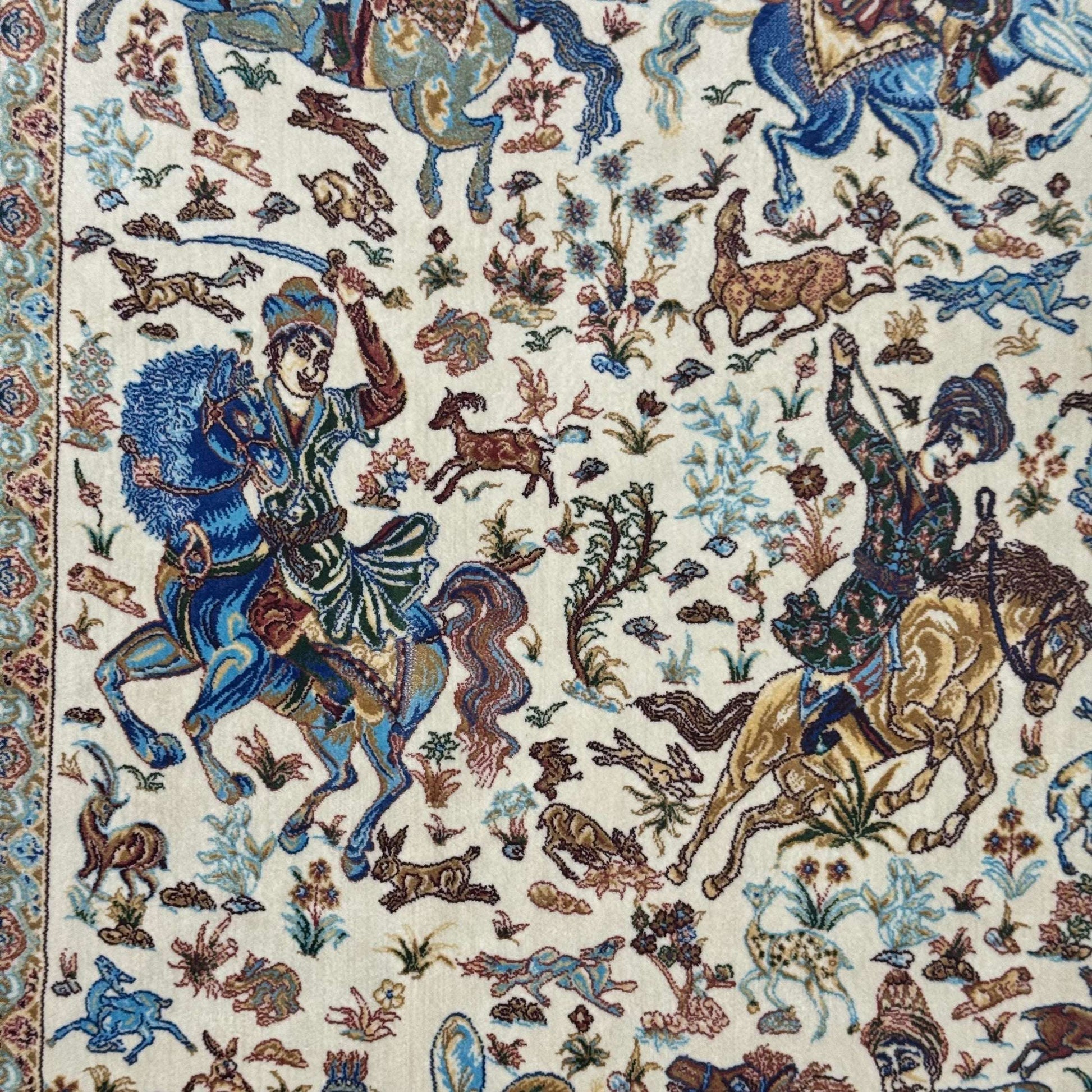 Persian Silk Hunting Scene Rug 2.5 ft x 4 ft | Pure Silk Abresham