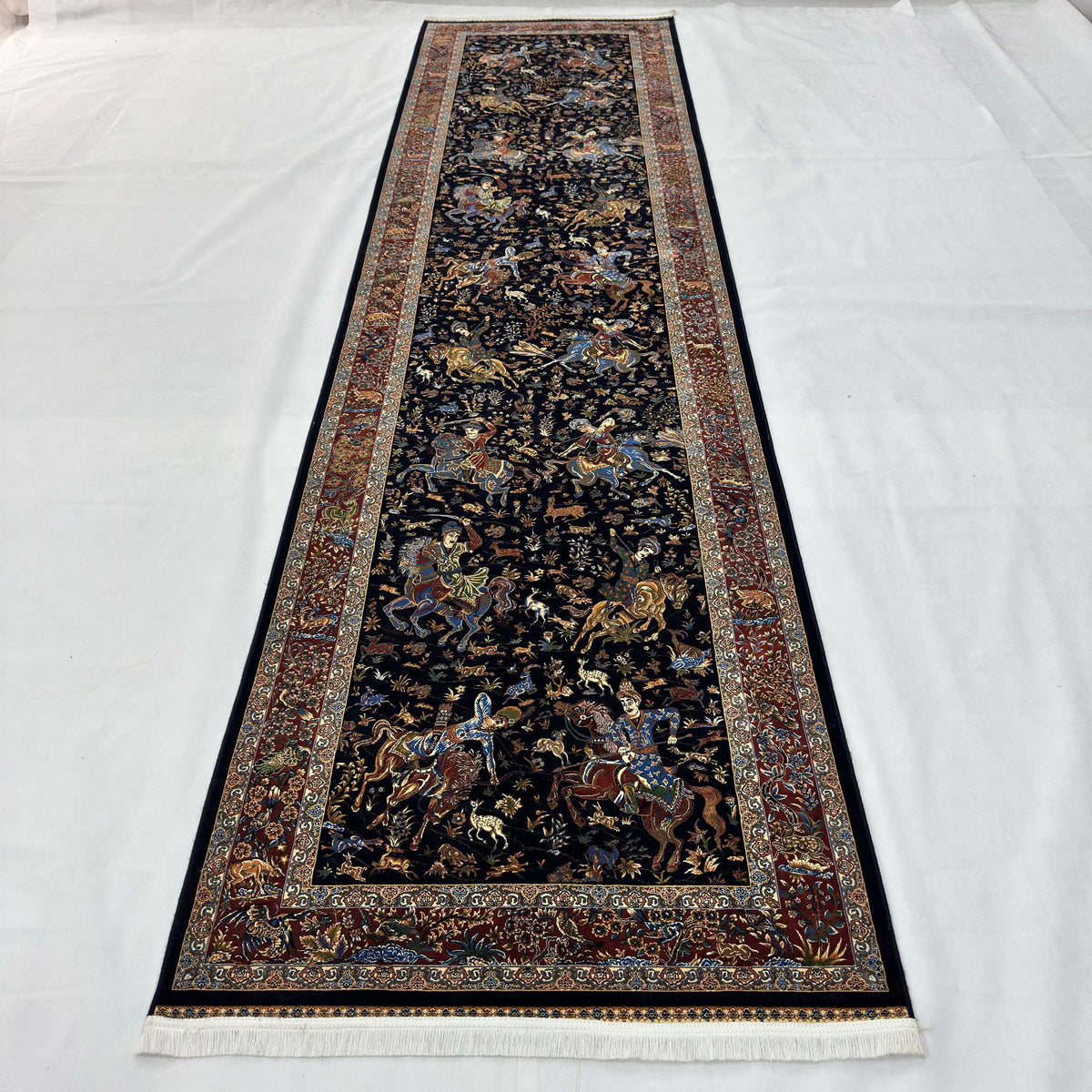 Persian Silk Abresham Runner Rug | Hunting Scene | 3 ft x 13 ft | 1600 Reed | Iran