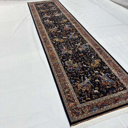 Persian Silk Abresham Runner Rug | Hunting Scene | 3 ft x 13 ft | 1600 Reed | Iran