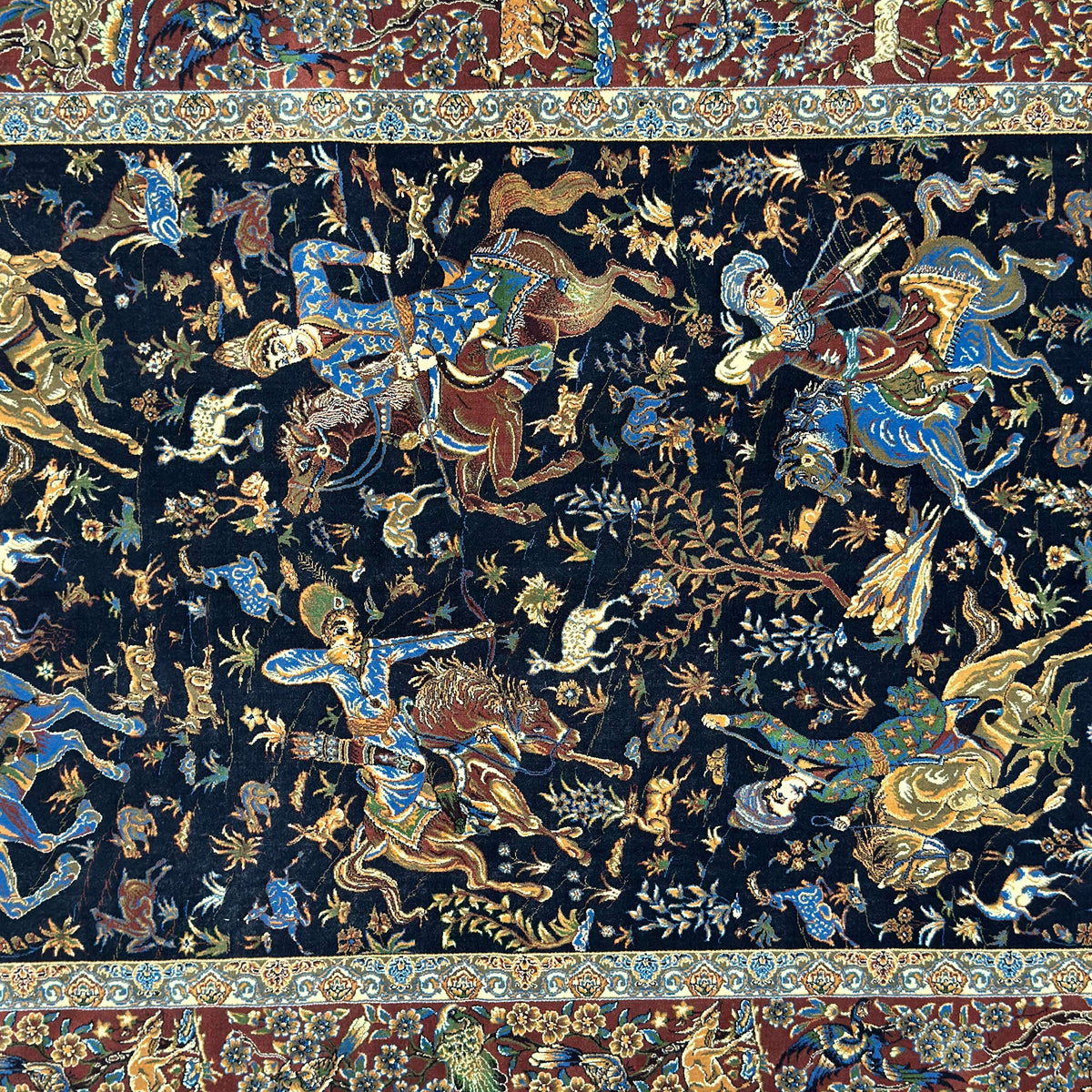 Persian Silk Abresham Runner Rug | Hunting Scene | 3 ft x 13 ft | 1600 Reed | Iran