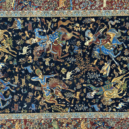 Persian Silk Abresham Runner Rug | Hunting Scene | 3 ft x 13 ft | 1600 Reed | Iran