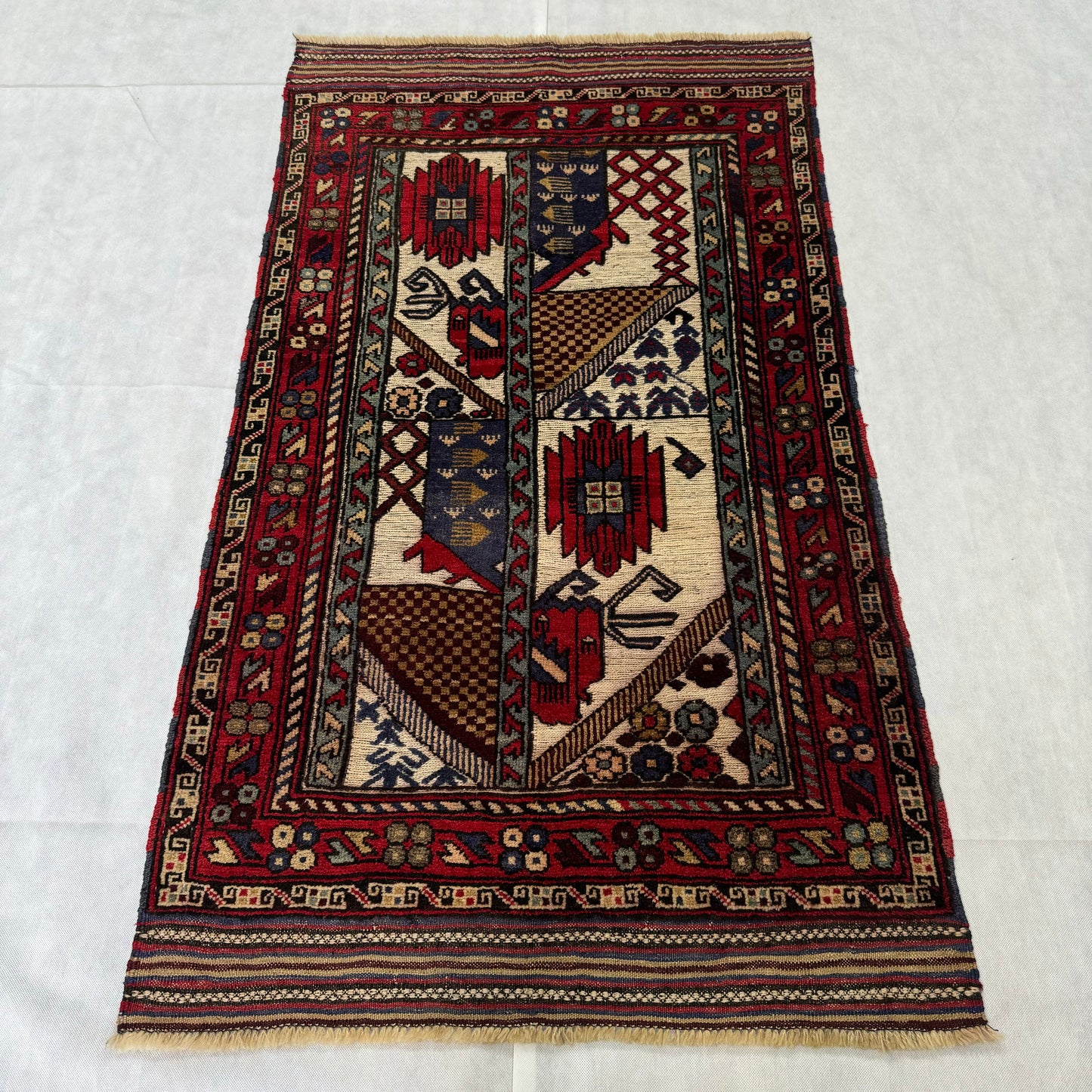 Handmade Gul Barjasta Afghan Wool Rug (3 ft x 5 ft) - Red, Blue, Brown, and Cream with Floral and Geometric Motifs