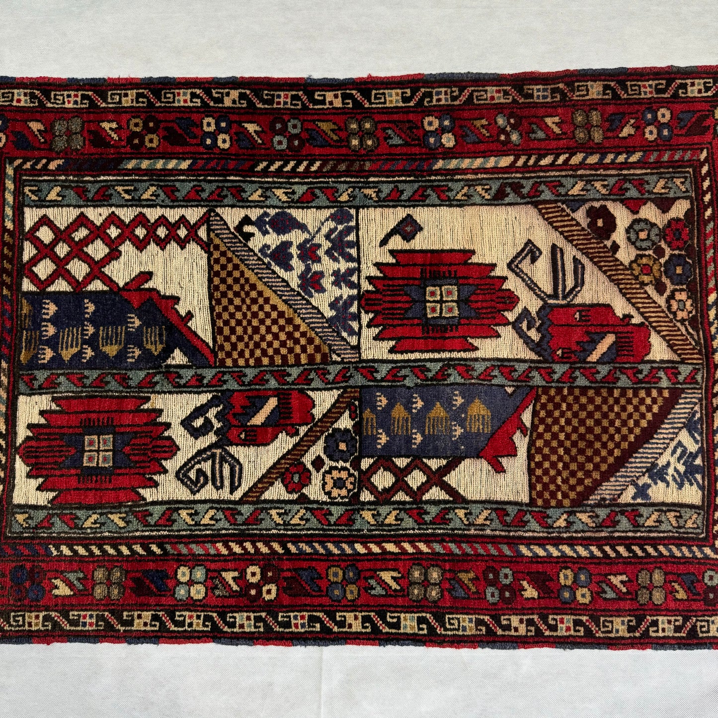 Handmade Gul Barjasta Afghan Wool Rug (3 ft x 5 ft) - Red, Blue, Brown, and Cream with Floral and Geometric Motifs