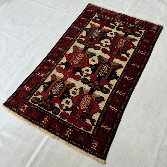 Handmade Afghan Wool Rug with Gul Barjasta Motifs - 3ft x 5ft - Red, Blue, and Beige