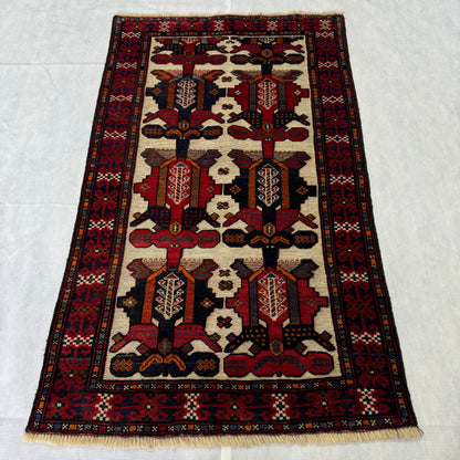 Handmade Afghan Wool Rug with Gul Barjasta Motifs - 3ft x 5ft - Red, Blue, and Beige