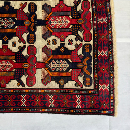 Handmade Afghan Wool Rug with Gul Barjasta Motifs - 3ft x 5ft - Red, Blue, and Beige