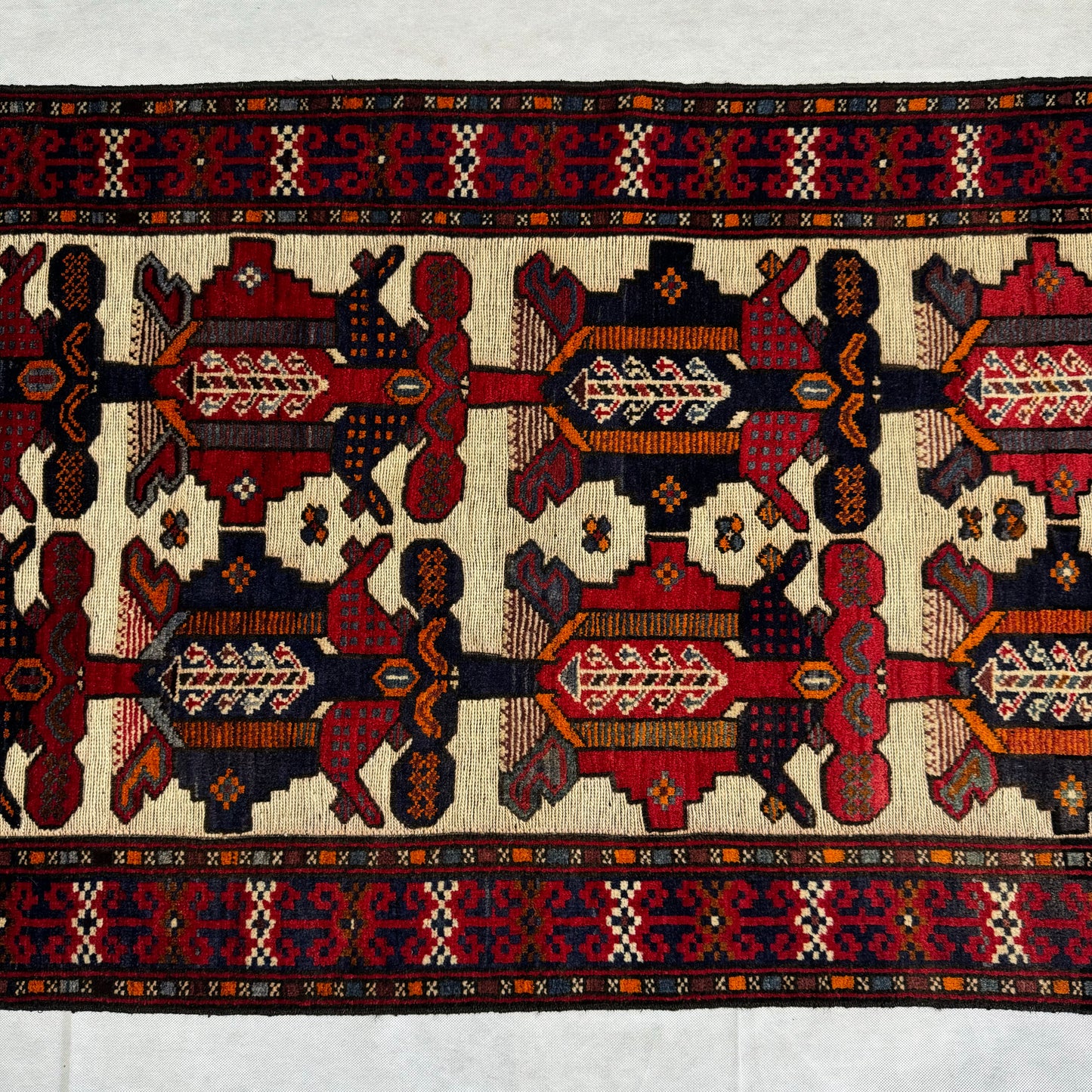 Handmade Afghan Wool Rug with Gul Barjasta Motifs - 3ft x 5ft - Red, Blue, and Beige