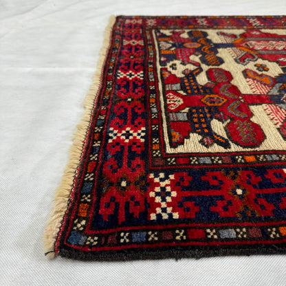 Handmade Afghan Wool Rug with Gul Barjasta Motifs - 3ft x 5ft - Red, Blue, and Beige