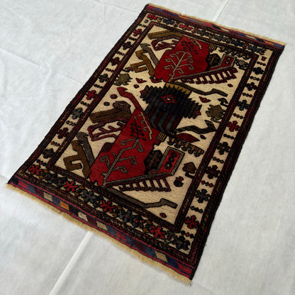 Handmade Afghan Wool Rug with Geometric Patterns (3ft x 5ft) - Red, Blue, Brown, and Beige