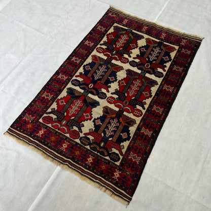 Handmade 3 ft x 5 ft Gul Barjasta Rug – Vibrant Red, Blue, and Beige Floral Motifs