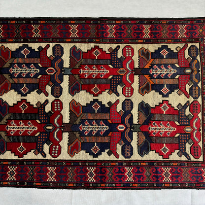 Handmade 3 ft x 5 ft Gul Barjasta Rug – Vibrant Red, Blue, and Beige Floral Motifs