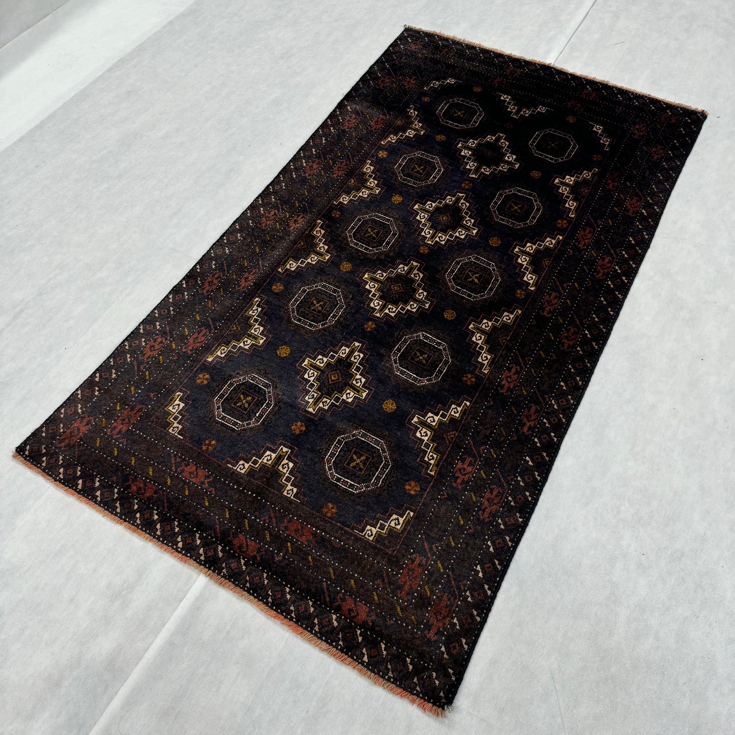 Handmade Baluchi Rug - 3x6 ft | Premium Afghan Wool Carpet | Dark Blue Geometric Pattern