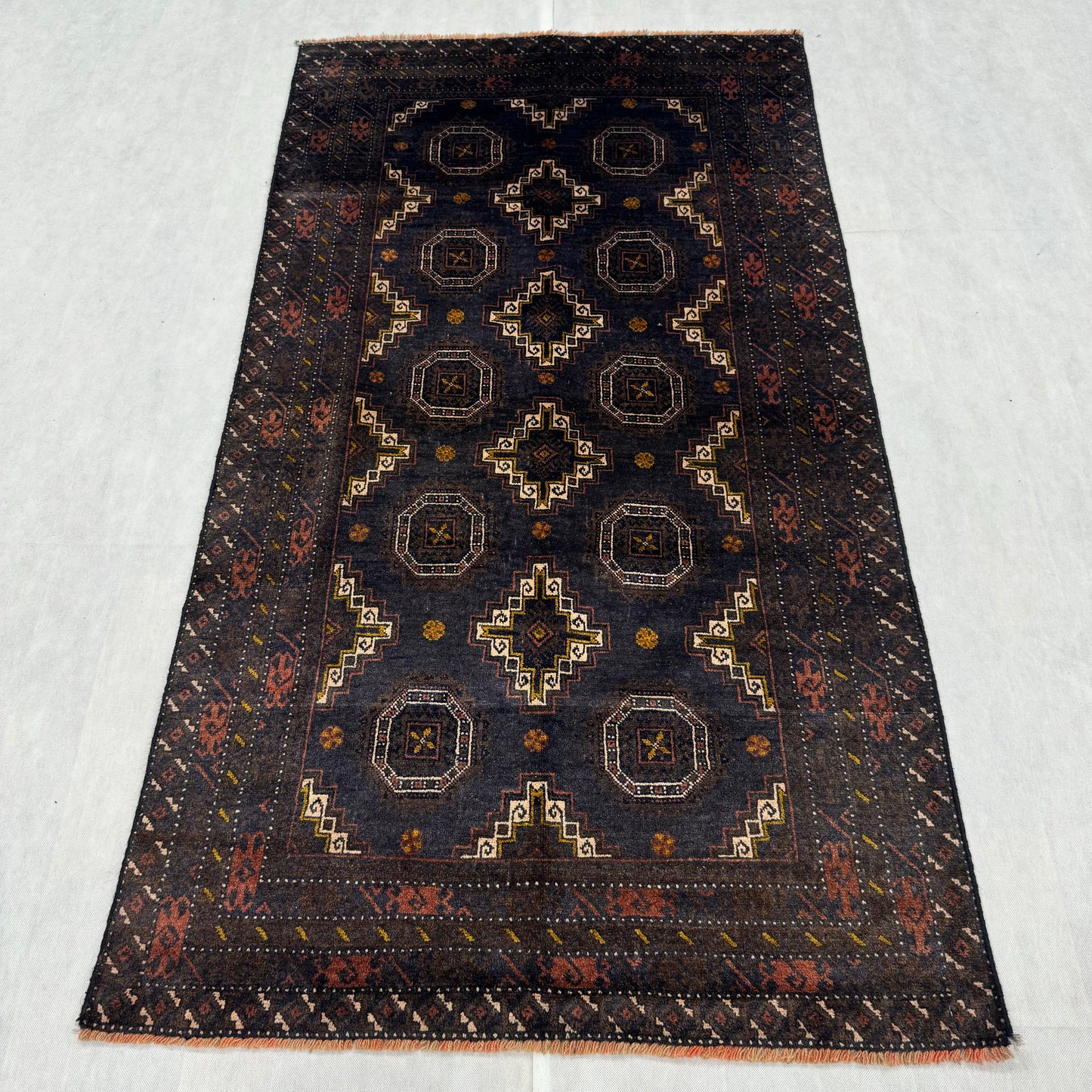 Handmade Baluchi Rug - 3x6 ft | Premium Afghan Wool Carpet | Dark Blue Geometric Pattern