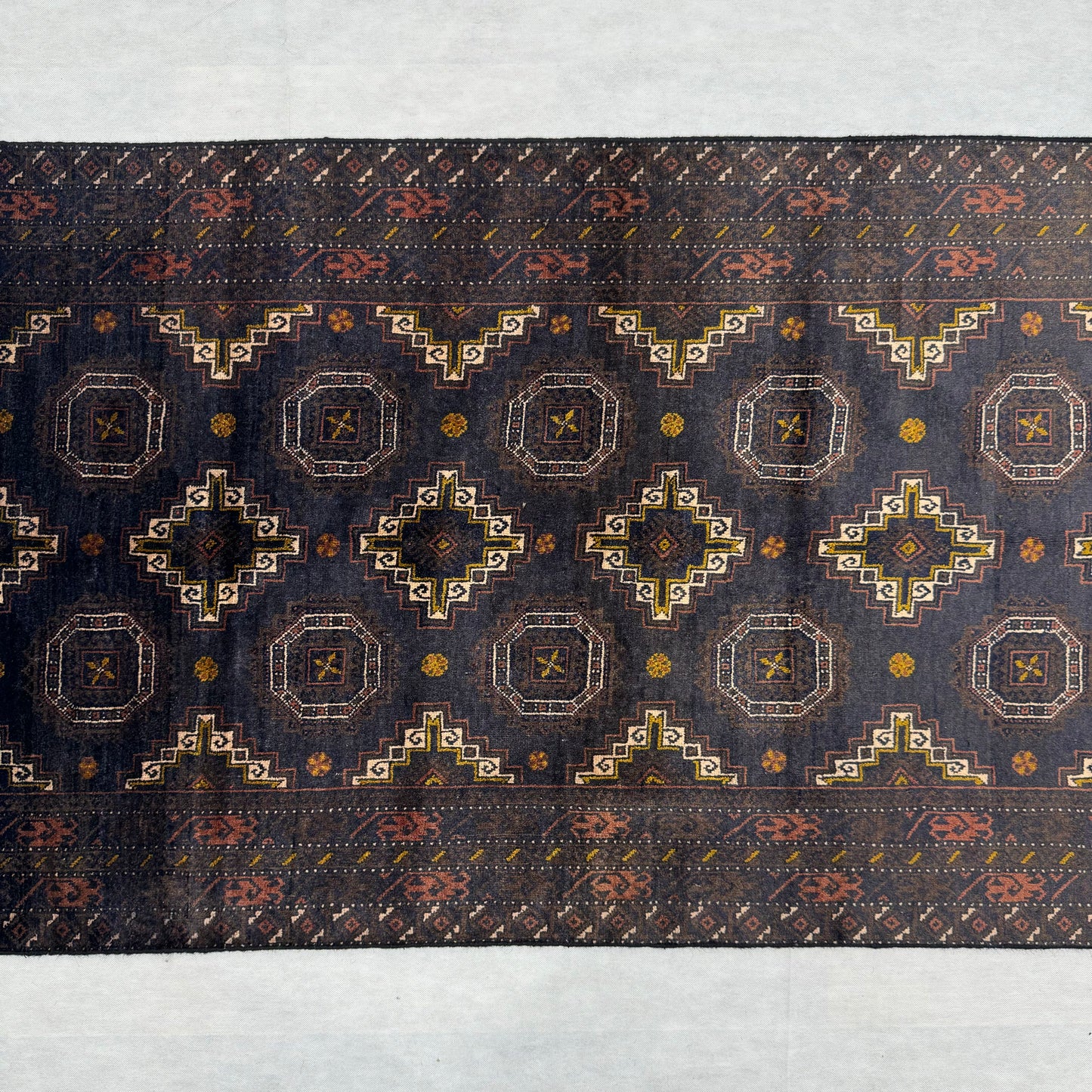 Handmade Baluchi Rug - 3x6 ft | Premium Afghan Wool Carpet | Dark Blue Geometric Pattern