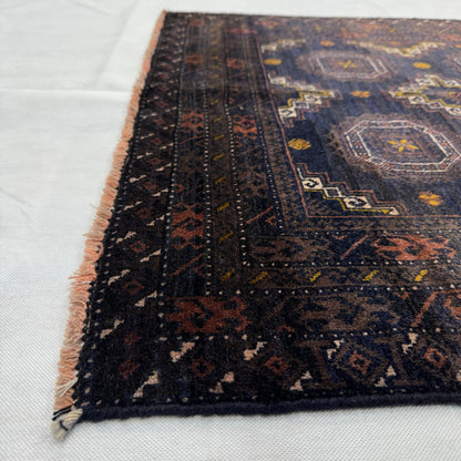 Handmade Baluchi Rug - 3x6 ft | Premium Afghan Wool Carpet | Dark Blue Geometric Pattern