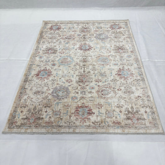 Oushak Heritage Turkish Acrylic Rug – Ivory & Powder Blue Floral, 5 x 8 ft