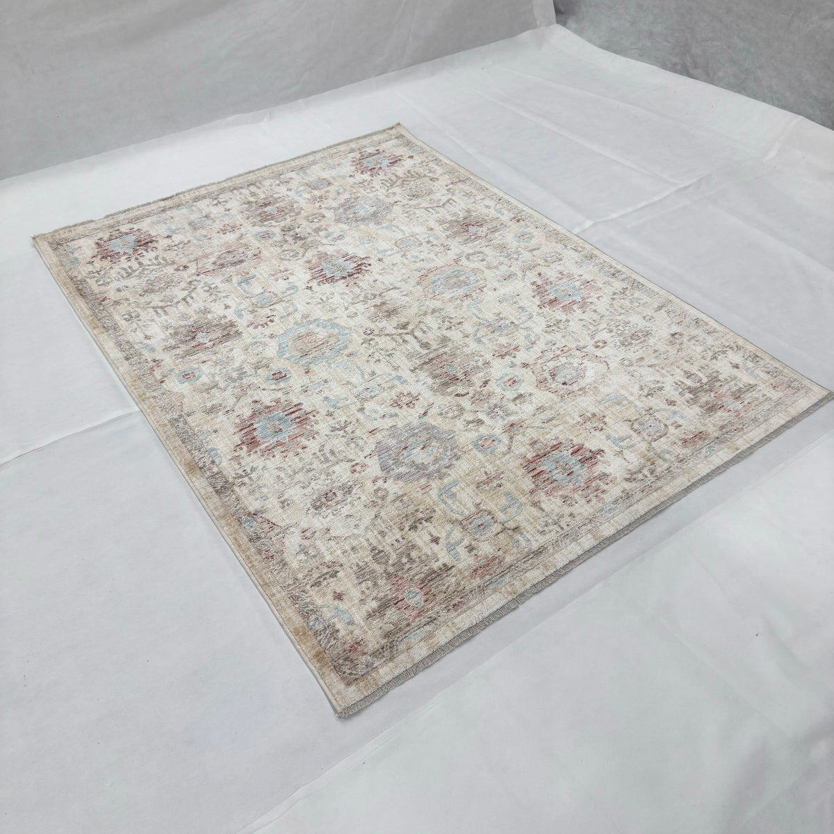 Oushak Heritage Turkish Acrylic Rug – Ivory & Powder Blue Floral, 5 x 8 ft