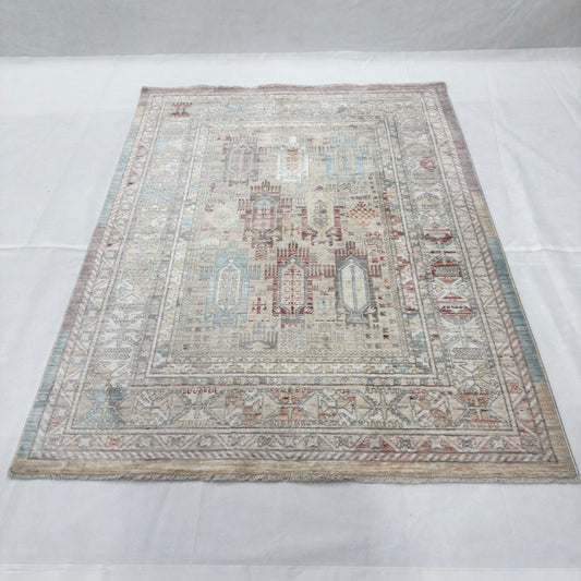Oushak Heritage Turkish Acrylic Rug – Ivory & Blue Geometric Design, 5 x 8 ft
