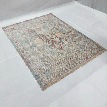 Oushak Heritage Turkish Acrylic Rug – Ivory & Blue Geometric Design, 5 x 8 ft