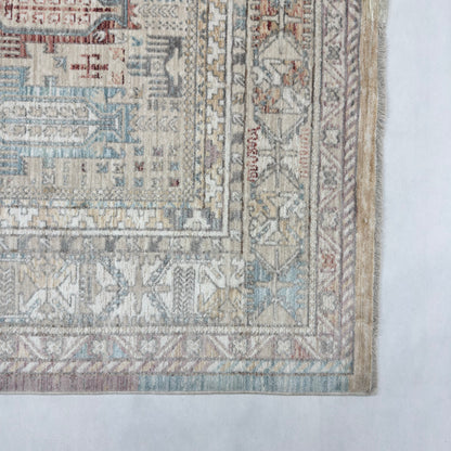Oushak Heritage Turkish Acrylic Rug – Ivory & Blue Geometric Design, 5 x 8 ft