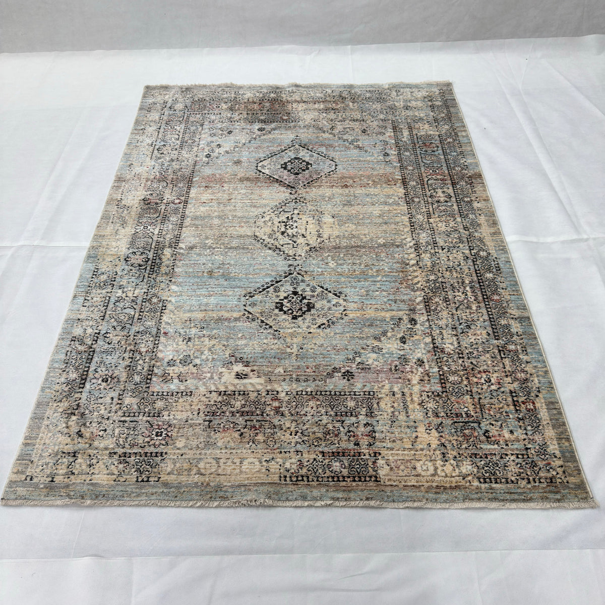 Oushak Heritage Turkish Acrylic Rug – Dusty Blue & Ivory Medallion, 5 x 8 ft
