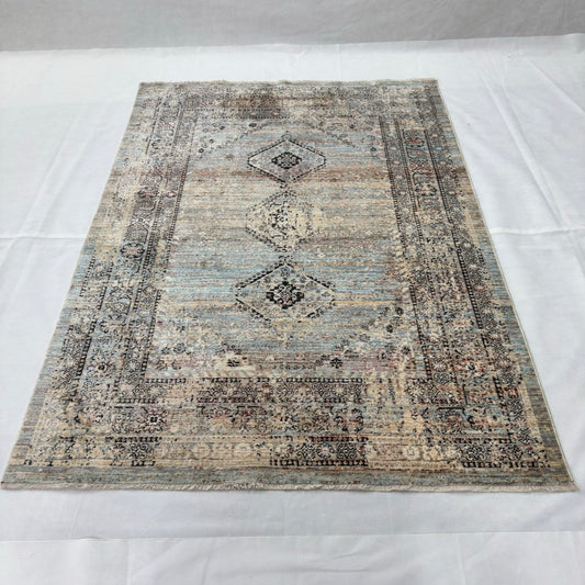 Oushak Heritage Turkish Acrylic Rug – Dusty Blue & Ivory Medallion, 5 x 8 ft