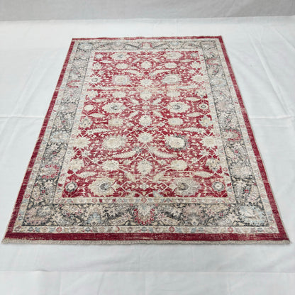 Oushak Heritage Turkish Acrylic Rug – Crimson Red & Ivory Floral, 5 x 8 ft