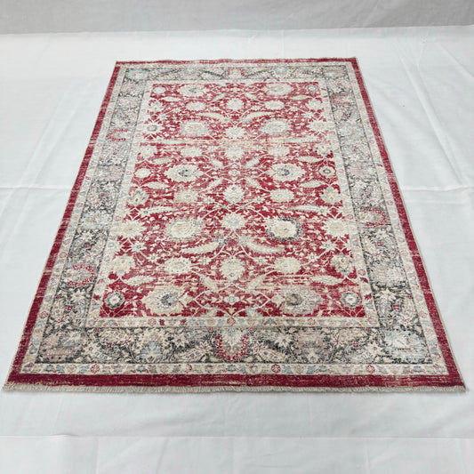 Oushak Heritage Turkish Acrylic Rug – Crimson Red & Ivory Floral, 5 x 8 ft