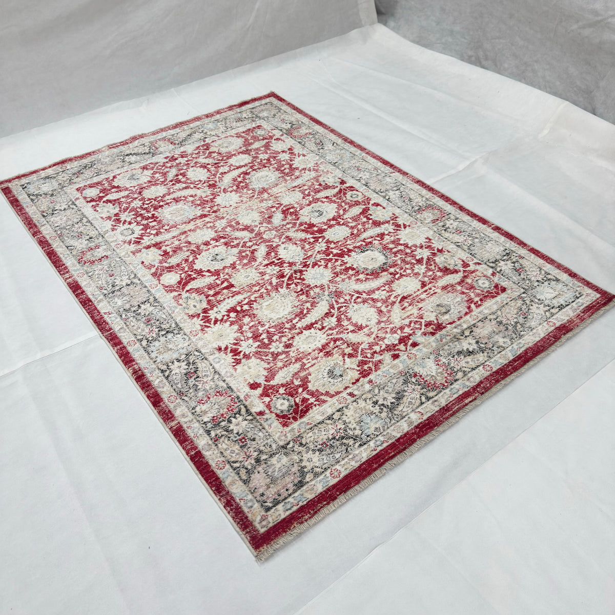 Oushak Heritage Turkish Acrylic Rug – Crimson Red & Ivory Floral, 5 x 8 ft