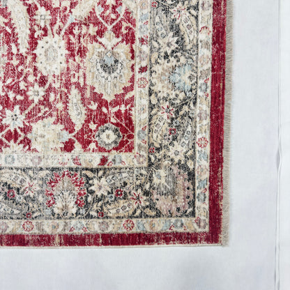 Oushak Heritage Turkish Acrylic Rug – Crimson Red & Ivory Floral, 5 x 8 ft