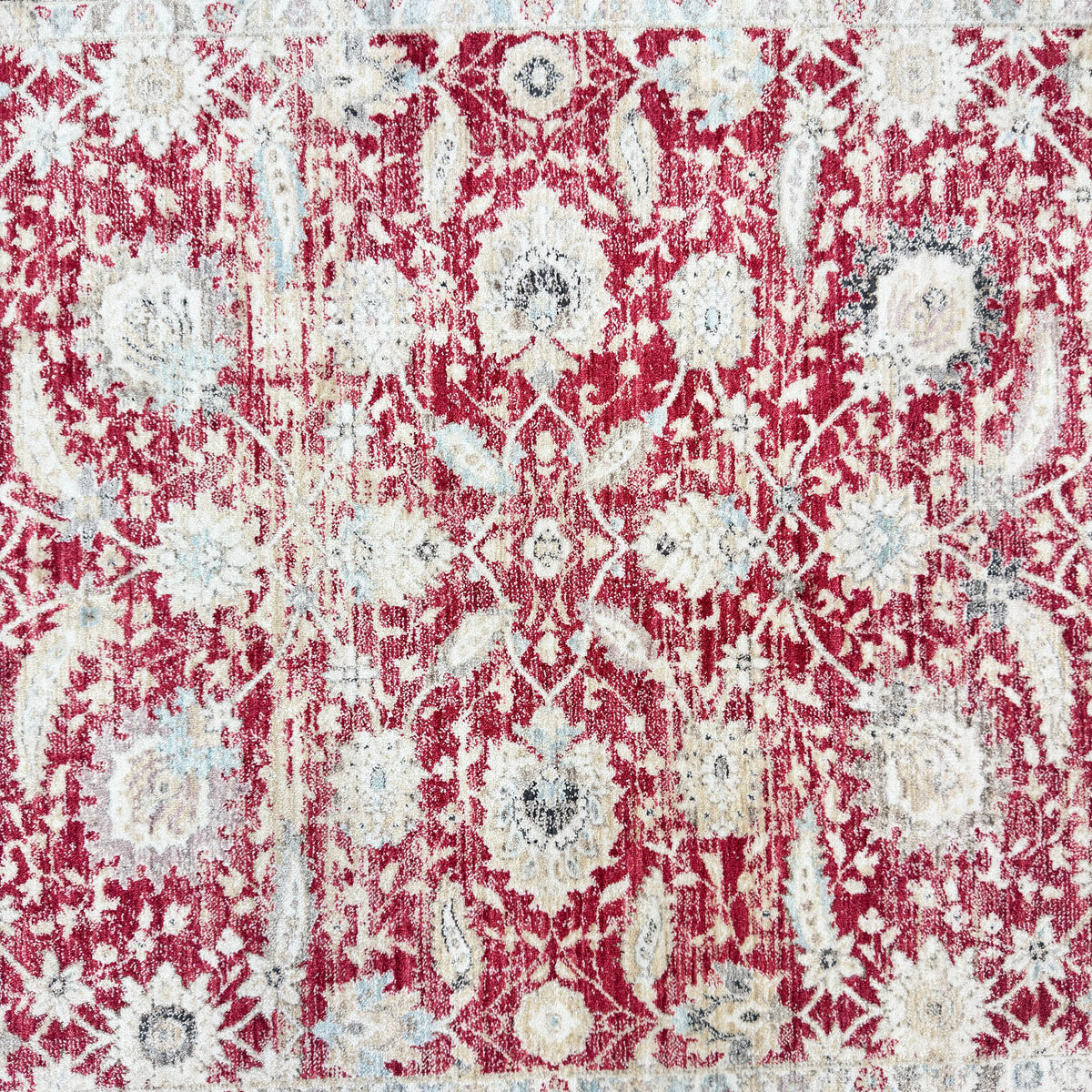 Oushak Heritage Turkish Acrylic Rug – Crimson Red & Ivory Floral, 5 x 8 ft