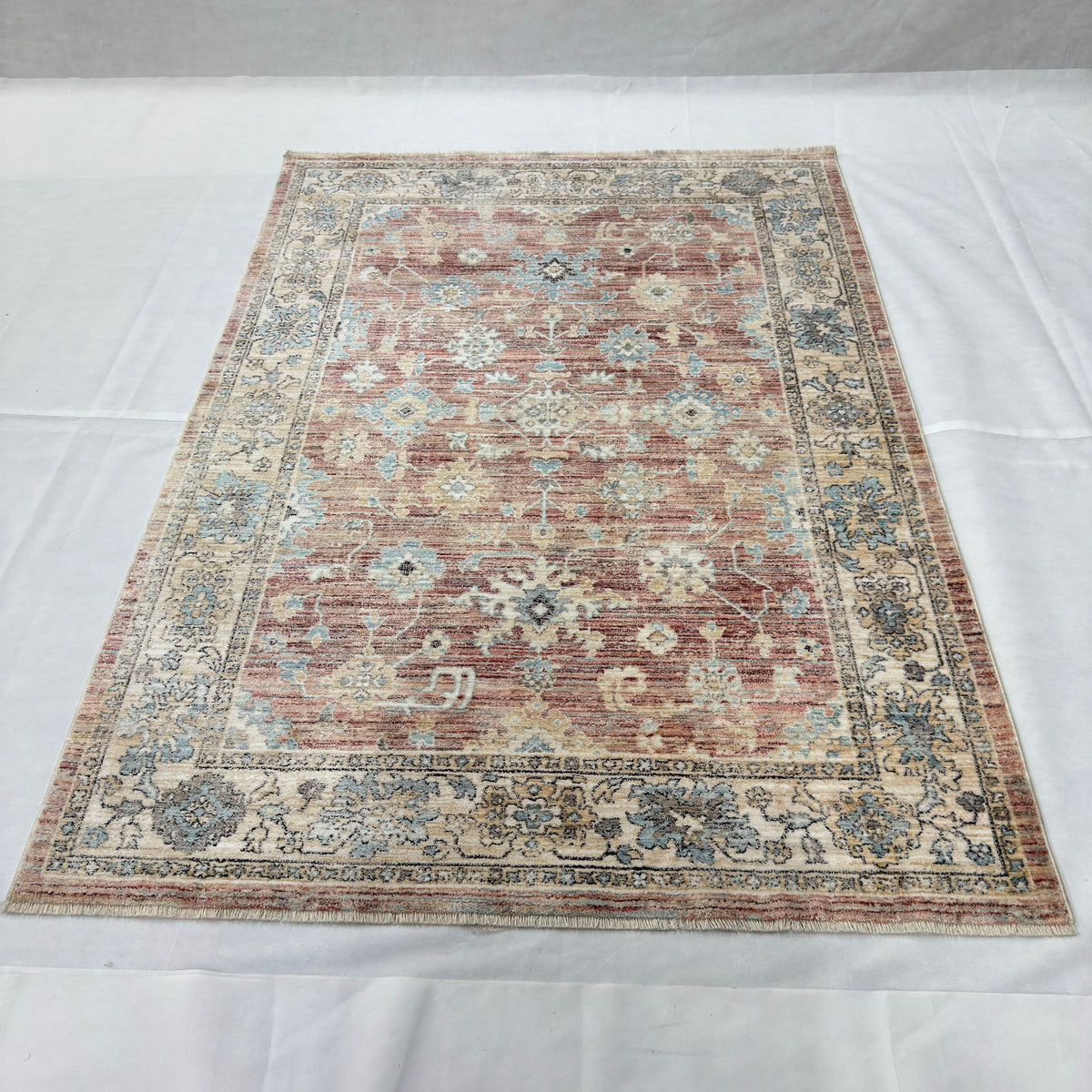 Oushak Heritage Turkish Acrylic Rug – Terracotta & Blue Floral, 5 x 8 ft