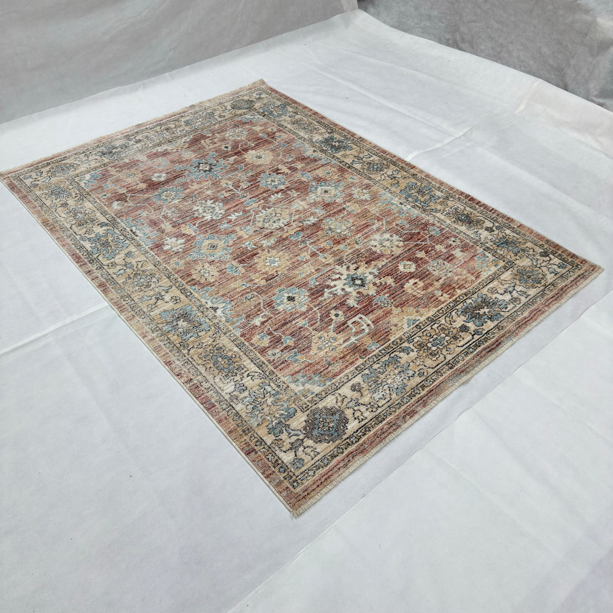 Oushak Heritage Turkish Acrylic Rug – Terracotta & Blue Floral, 5 x 8 ft