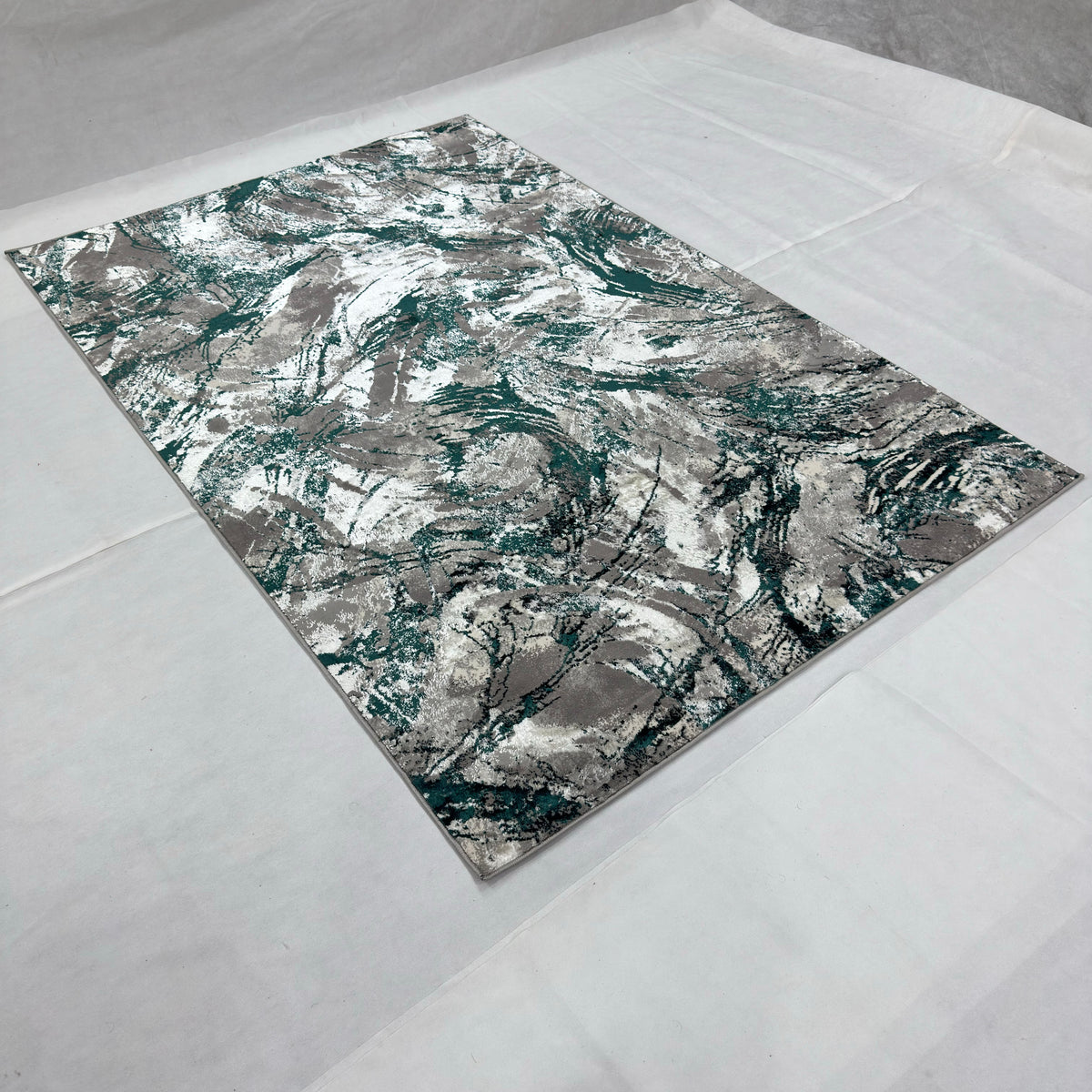Bosphorus Flow Turkish Silk Rug – Teal & Grey Abstract, 5 x 8 ft