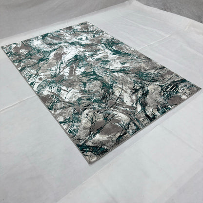 Bosphorus Flow Turkish Silk Rug – Teal & Grey Abstract, 5 x 8 ft