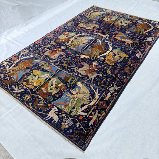 Exquisite Shamsabad Persian Shikargah Handmade Rug - 6 ft x 9.5 ft - Unique Hunting Scene Design