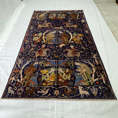 Exquisite Shamsabad Persian Shikargah Handmade Rug - 6 ft x 9.5 ft - Unique Hunting Scene Design