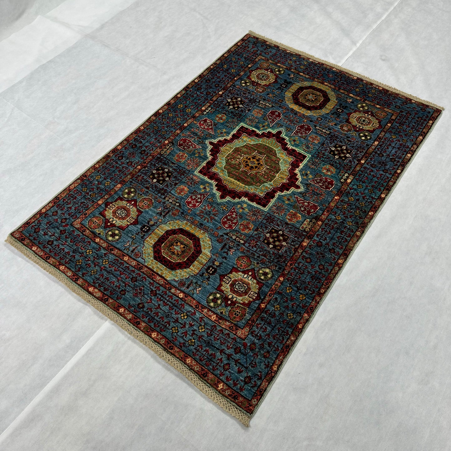 Luxurious Chobi Handmade Rug - 3 ft x 5 ft - Exquisite Blue and Red Wool Carpet