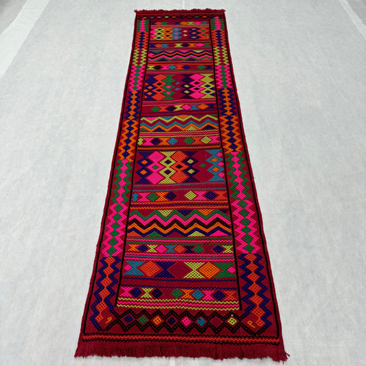 Vibrant Afghani Handmade Kilim Runner Rug - 2.5 ft x 9.5 ft - Colorful Geometric Design, Premium Wool