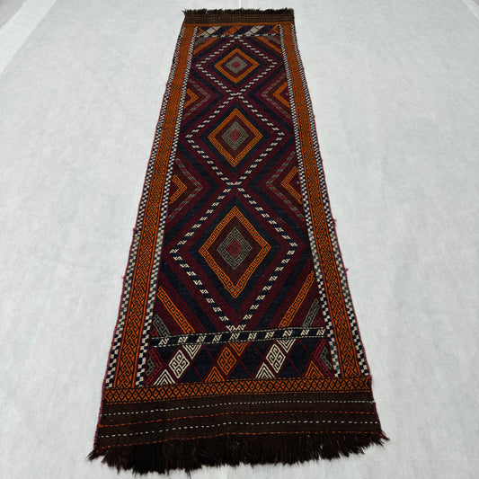 Handmade Afghani Kilim Runner Rug - 2.5 ft x 9 ft - Vibrant Geometric Design