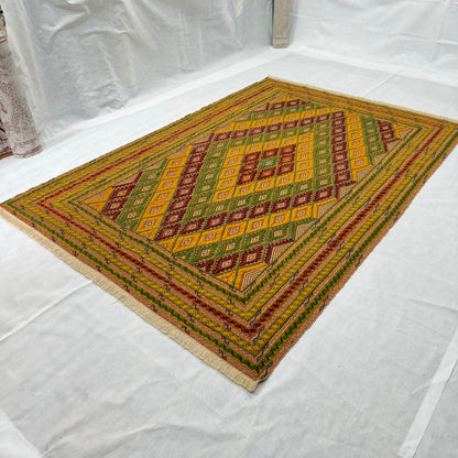 Vibrant Belgic Afghan Handmade Wool Rug - 6.5 ft x 9.5 ft - Geometric Diamond Design