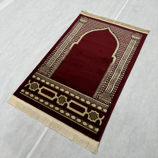 Elegant Turkish Royal Janamaz Prayer Rug - Luxurious Maroon, Size 2.5 ft x 4 ft