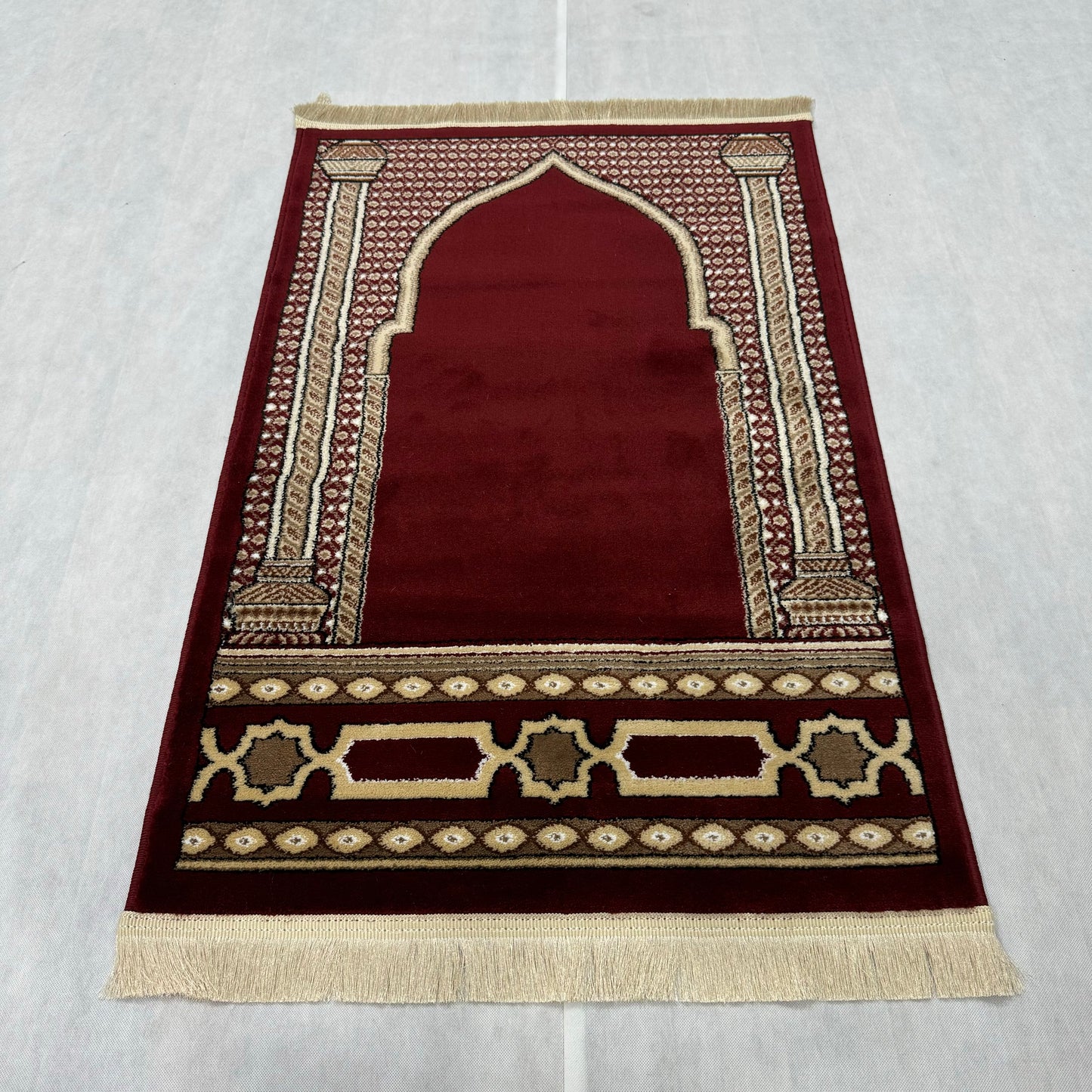 Elegant Turkish Royal Janamaz Prayer Rug - Luxurious Maroon, Size 2.5 ft x 4 ft