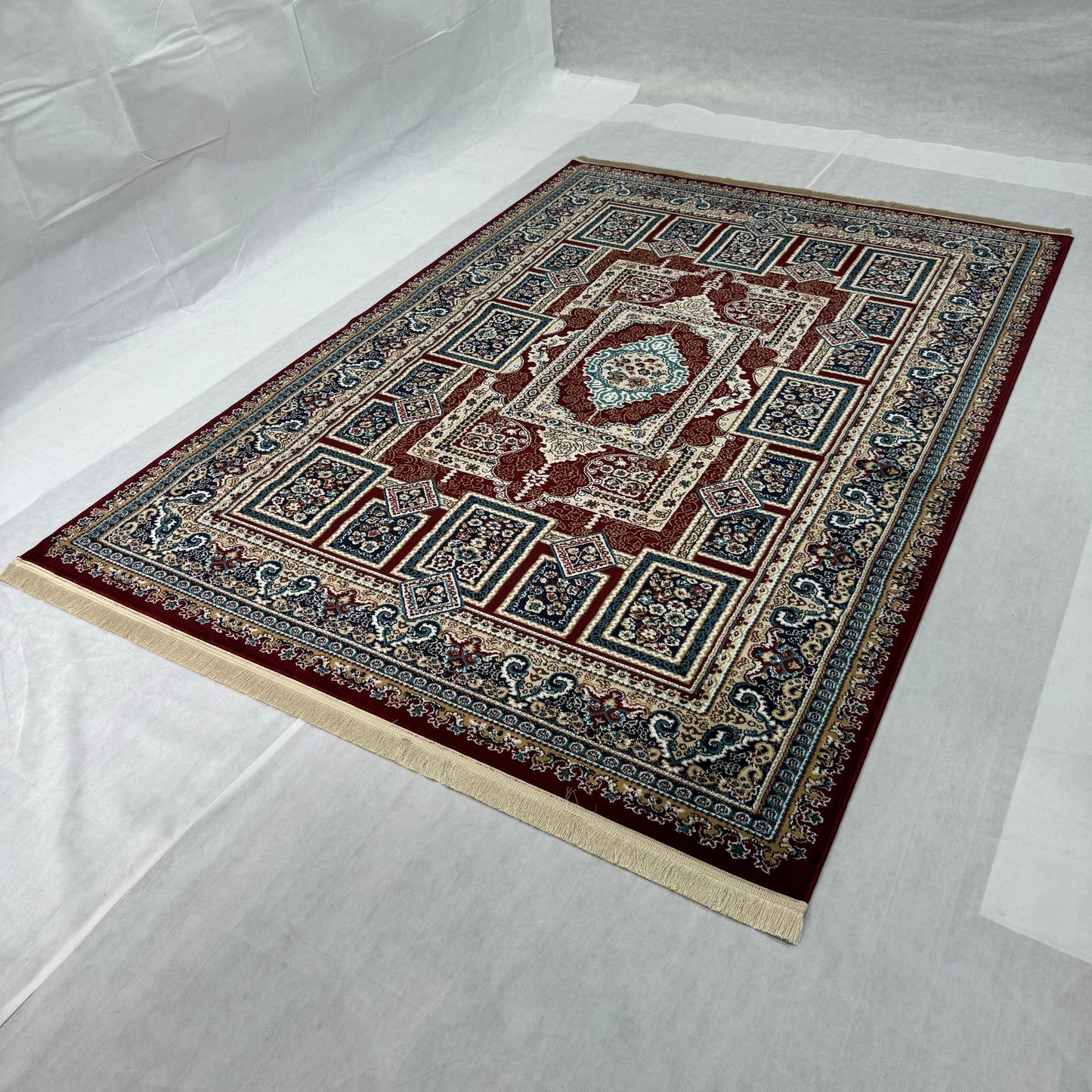 Elegant Turkish Persia Rug - 7 ft x 10 ft, Rich Burgundy and Blue Geometric Design