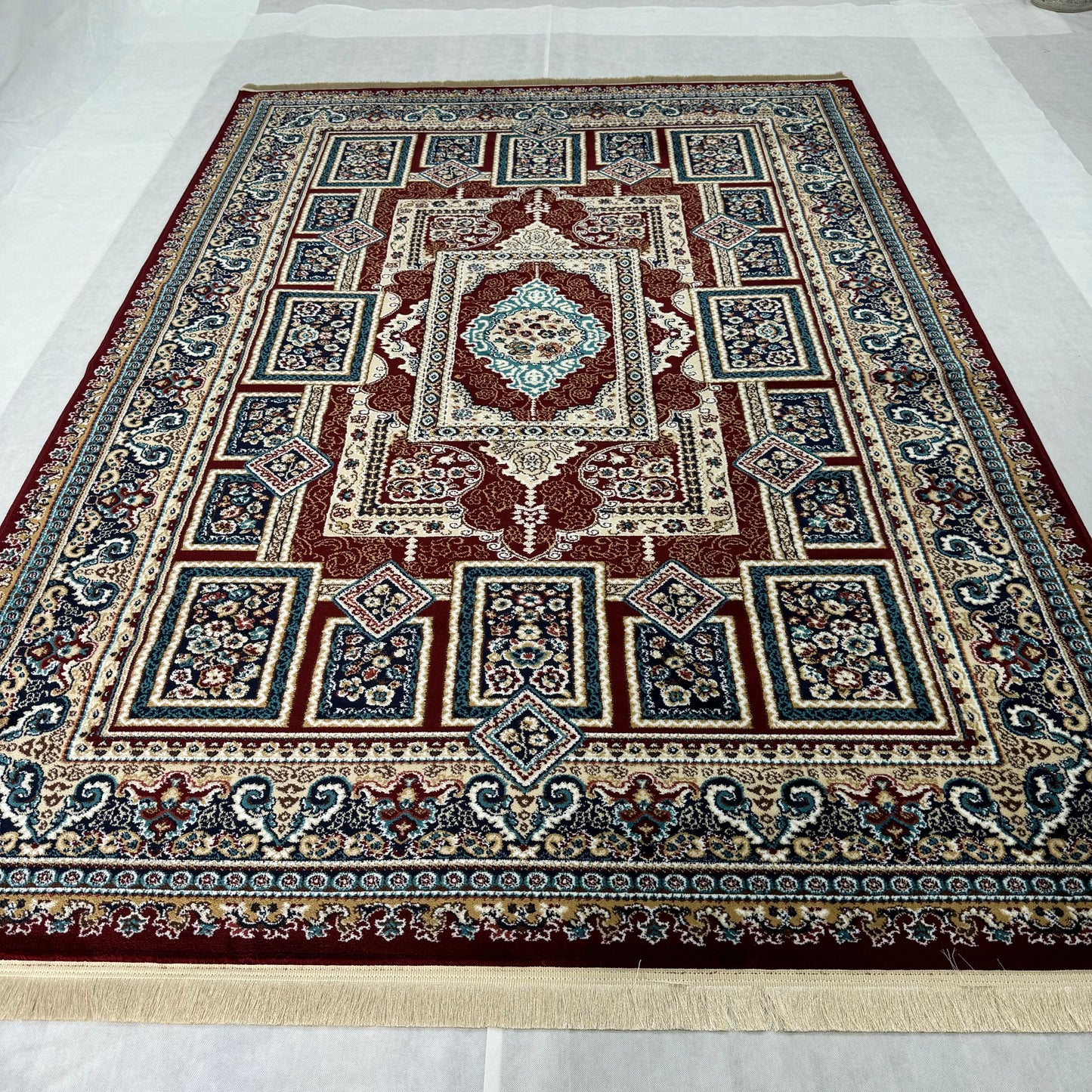 Elegant Turkish Persia Rug - 7 ft x 10 ft, Rich Burgundy and Blue Geometric Design