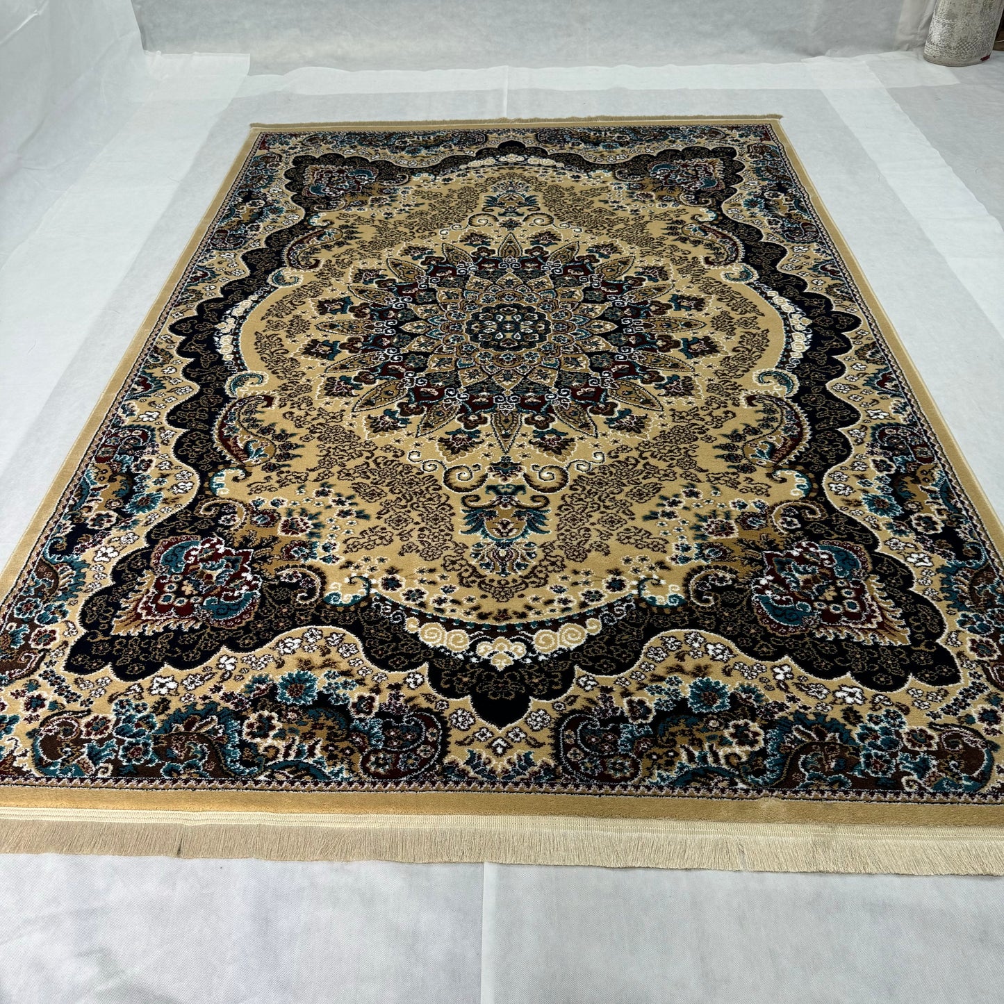 Luxurious Turkish Persia Rug - 7 ft x 10 ft, Elegant Beige and Blue Floral Design