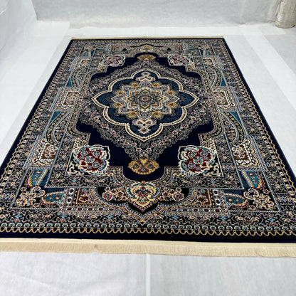 Elegant Turkish Persia Rug - 7 ft x 10 ft, Rich Blue and Gold Floral Design