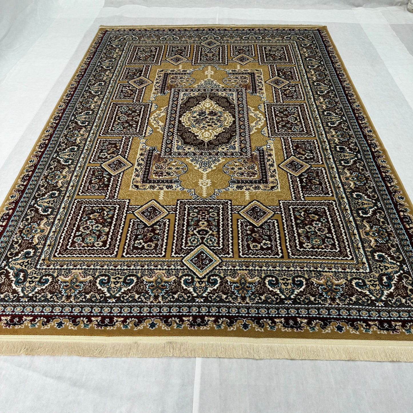 Luxurious Turkish Persia Rug - 7 ft x 10 ft, Golden Geometric Elegance