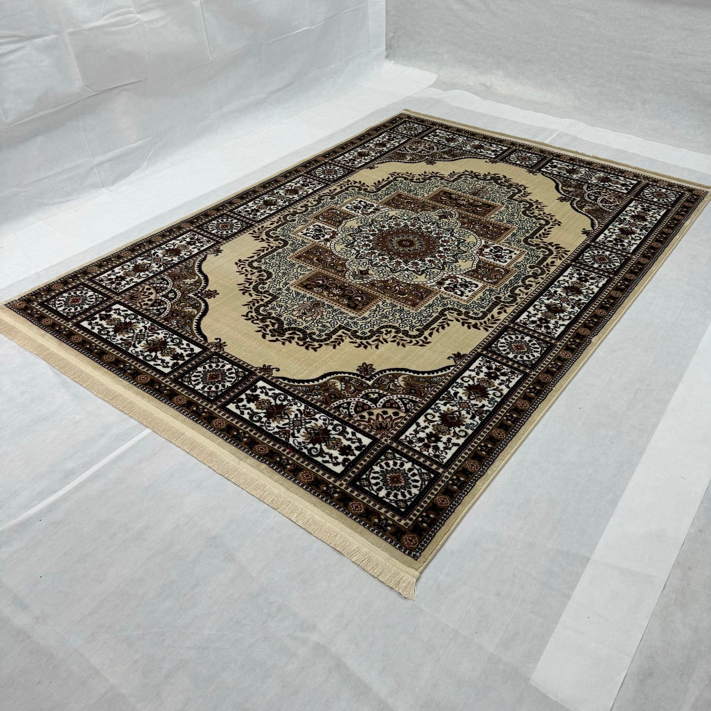 Luxurious Turkish Garnet Area Rug - 7 ft x 10 ft, Exquisite Beige Medallion Design